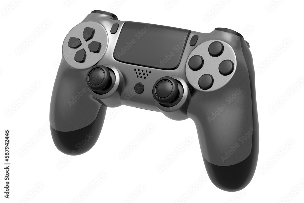 Poster realistic video game joystick with metallic chrome texture isolated on white