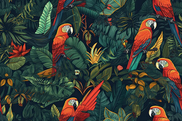 tropical background with seamless pattern with parrots in jungle. Generative AI illustration