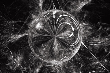 White pattern of crooked waves with a transparent sphere on a black background. Abstract fractal 3D rendering
