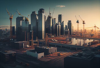 Naklejka na ściany i meble A panoramic view of a city skyline with construction cranes in the foreground. Generative AI