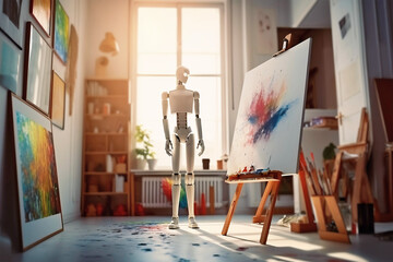 Concept for AI generated art with artist atelier with humanoid AI android.  Generative AI