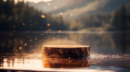 Wooden table in lake on mountain with bokeh lights. golden hour  Generated AI
