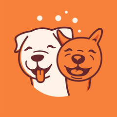 Two smiling dogs friends on orange background
