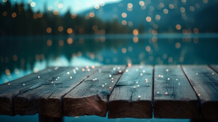 Wooden table in lake on mountain with bokeh lights. golden hour  Generated AI