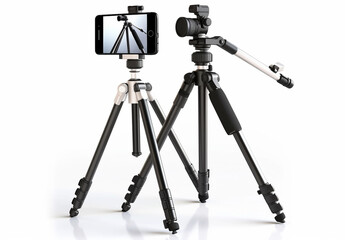 Action camera on mini tripod with smartphone isolated on white Background  - obrazy, fototapety, plakaty
