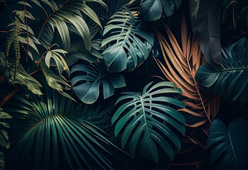 Naklejka na ściany i meble Jungle tropical foliage of palm trees. Rainforest green leaves b. Generative AI