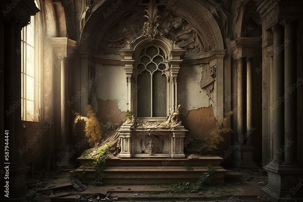 Poster abandoned altar within an empty place of worship' generative ai