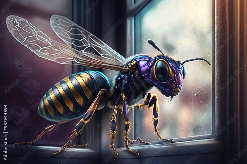 Poster a captivating view into a magical world-an illustration of a heroic and mysterious wasp generative a