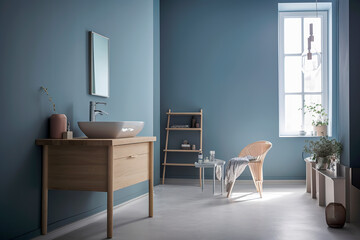 Generative AI illustration of minimalist bathroom with powdery colors walls, birch plywood bathroom cabinet,