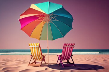 Colorful Beach Umbrella With Chairs At Sunset Generative AI