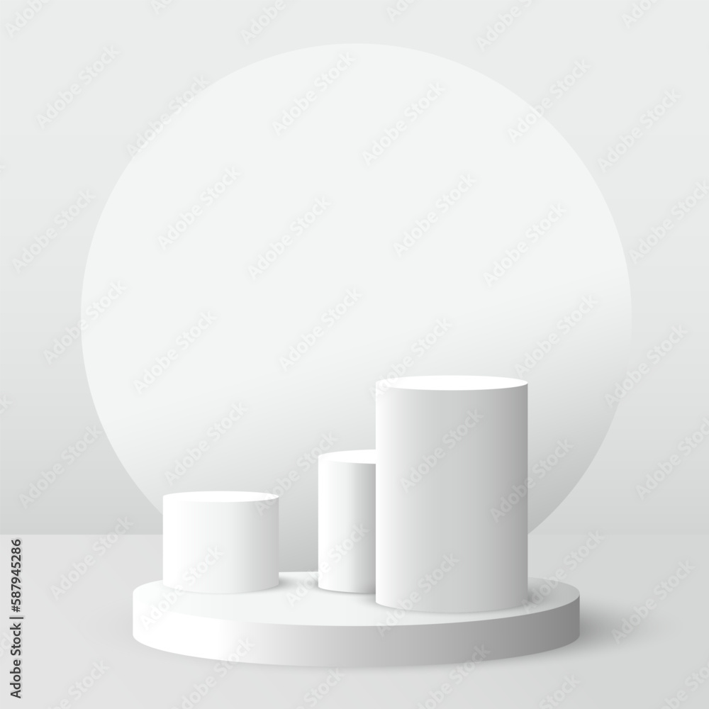 Poster white realistic 3d cylindrical podium with shadow and lighting. vector abstract studio with platform