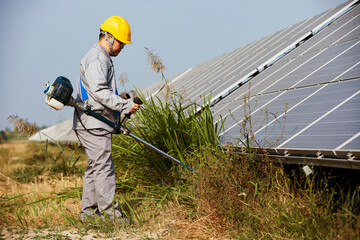 Asian workers use lawn mower to clean weeds near solar photovoltaic