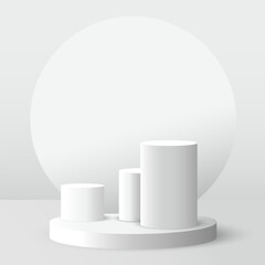 White realistic 3D cylindrical podium with shadow and lighting. Vector abstract studio with platform geometric design. Gray minimal scene for product showcase, advertising display.