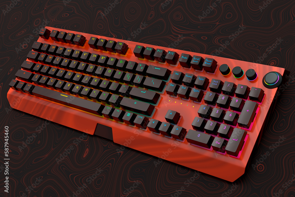 Poster realistic computer keyboard with seamless wavy pattern isolated on dark