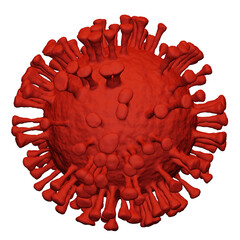 Illustration of one single red virus cell, visualization of a viral infection, coronavirus covid-19 monkeypox disease, isolated on white or transparent background
