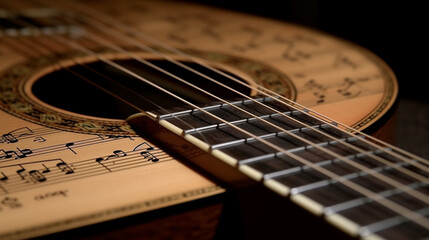 Fototapeta premium sheet music on guitar strings Generated AI