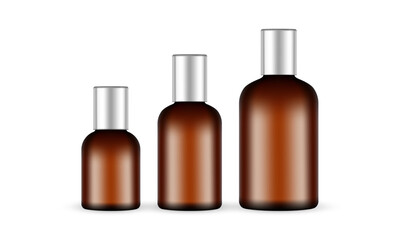 Set of Amber Cylinder Bottles for Cosmetic Packaging, Isolated on White Background. Vector Illustration