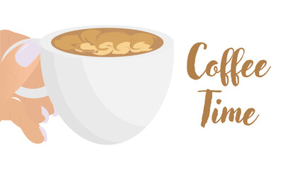 Female Hand Holds Coffee Cup, Isolated on White Background. Vector Illustration