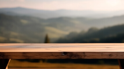 Fototapeta premium Wooden table for product presentation and advertising. blurred background with mountains and beautiful landscape