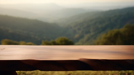Wooden table for product presentation and advertising. blurred background with mountains and beautiful landscape