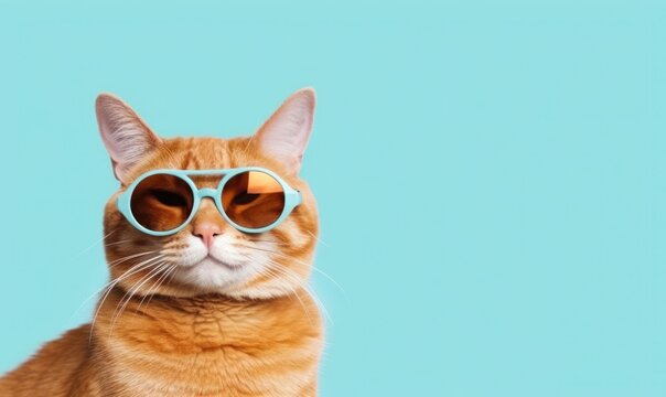 Portrait of funny cat wearing sunglasses on blue background. Generative AI
