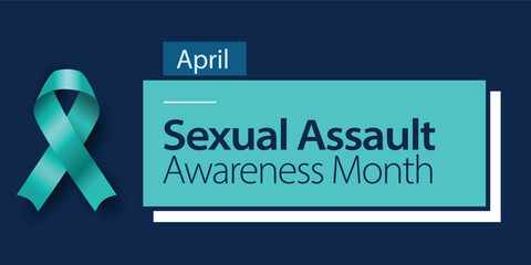 Sexual Assault Awareness Month. Banner with teal ribbon on dark blue background. Vector illustration with elegant text description.
