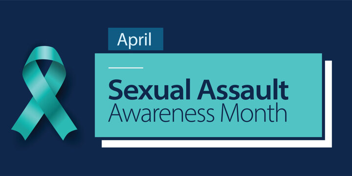 Sexual Assault Awareness Month. Banner with teal ribbon on dark blue background. Vector illustration with elegant text description.
 - Powered by Adobe