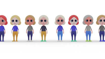 group of 3d people in a row