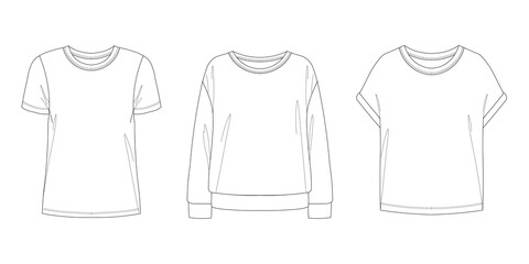 Naklejka premium Vector top fashion , woman set technical drawing, flat, template, sketch. Jersey or woven fabric , white color