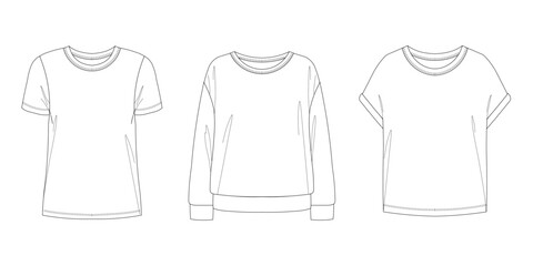 Vector top fashion , woman set  technical drawing, flat, template, sketch. Jersey or woven fabric , white color