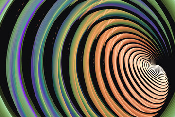 Orange multi-colored swirling pattern of crooked waves on a black background. Abstract fractal 3D rendering