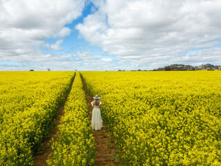 Female stands in a crop of flowering canola in spring time - 587947832