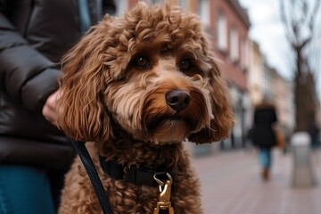 Dog walking on a leash with an owner during a walk in the city (Ai generated)