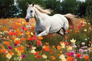 Majestic horse galloping in a flower field (Ai generated)