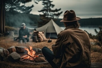 Fototapeta premium Campfire, outdoor tent and bonfire (AI generated) (AI generated)