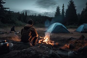 Camping: man relaxing by the campfire (AI generated)