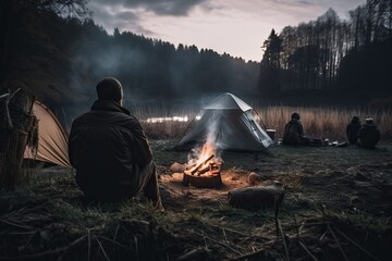 Camping: man relaxing by the campfire (AI generated)