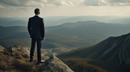 Fototapeta premium Businessman in a suit stands on top of a mountain, concept of success in business created with generative AI technology