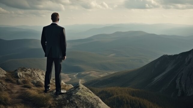 Businessman in a suit stands on top of a mountain, concept of success in business created with generative AI technology