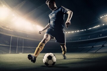 Naklejka premium Soccer player kicking the ball in stadium, football (Ai generated)