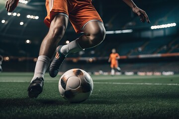 Soccer player kicking the ball in stadium, football (Ai generated)