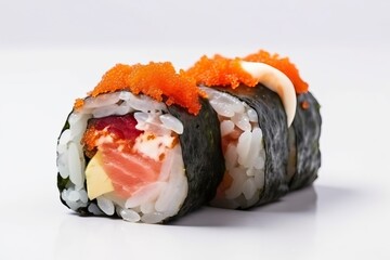 Sushi roll, japanese food plate with fresh fish, white background (Ai generated)