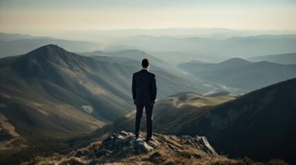 Businessman in a suit stands on top of a mountain, concept of success in business created with generative AI technology