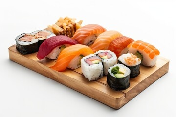Sushi, japanese food plate with fresh fish, white background (Ai generated)