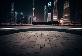 Fototapeta na wymiar Empty square floor and city skyline with modern buildings at night in Shanghai, China. Generative AI