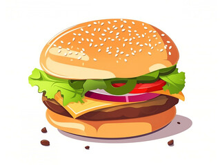 Juicy big burger drawn in vector style on a white background.