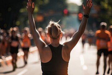 Fototapeta premium Marathon runner crossing the finish line (Ai generated)