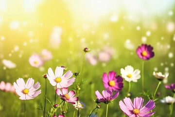 Fototapeta premium Beautiful blooming cosmos flowers in green meadow on sunny day. Generative AI.