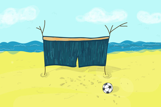 Swimming shorts of large size. Giant men's swimming trunks replace the netting on the football goal. Vector image for posters, banners, advertising swimwear.