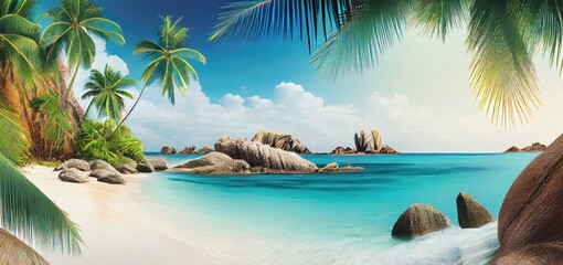 Fototapeta na wymiar Panoramic Banner Luxurious Beach Resort With White Sand Generative AI